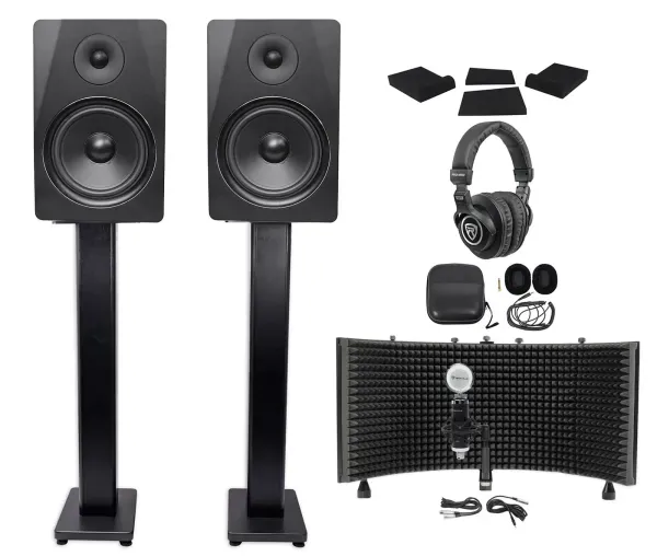 2) Rockville DPM8B 8" 600w Studio Monitors+36" Stands+Headphones+Mic+Shield