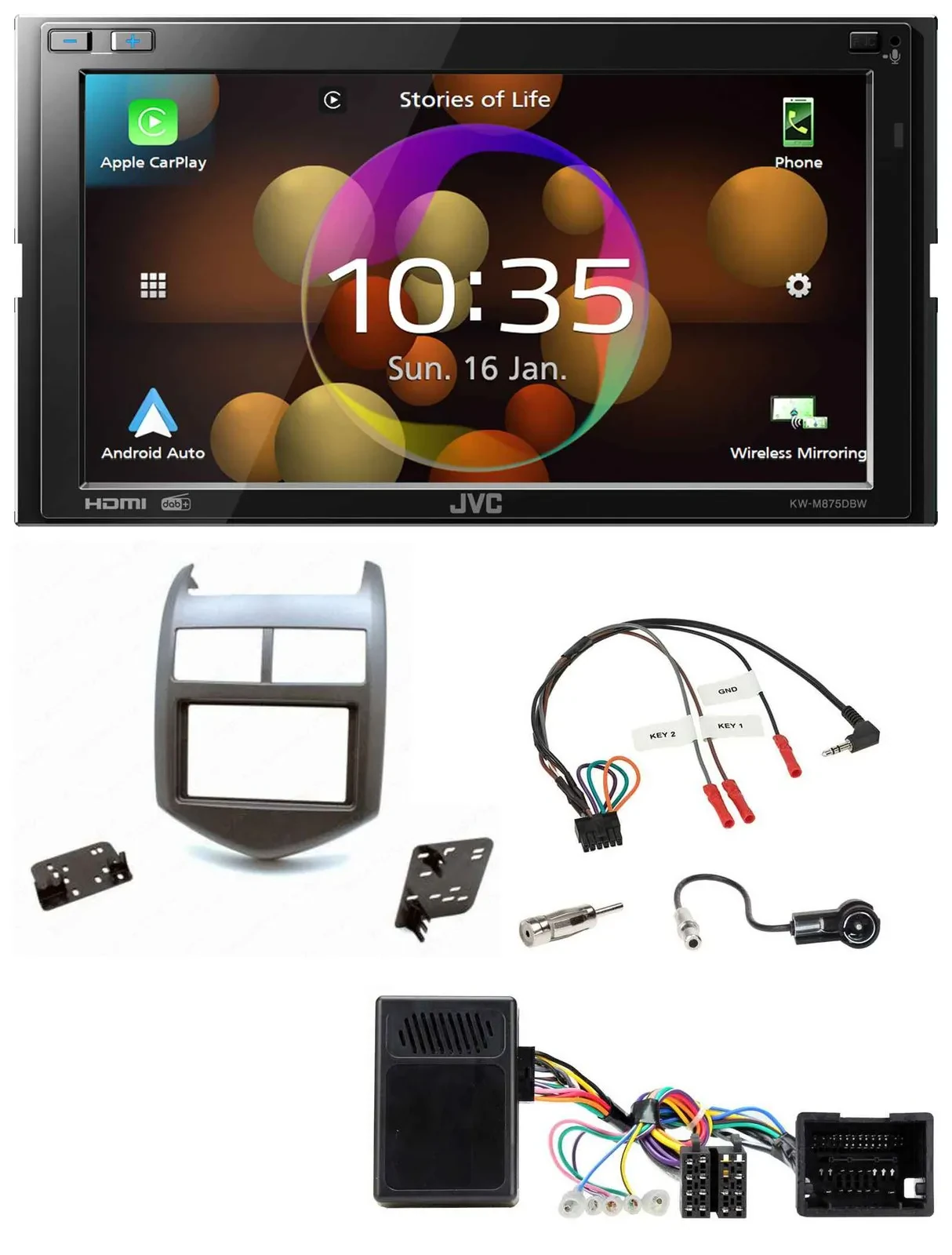 JVC DAB Lenkrad 2DIN Bluetooth USB Autoradio für Chevrolet Aveo ab 11 dunkelgrau