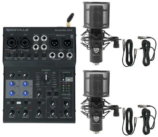 Rockville ROCKMIX 6FX 6 Ch. Mixer Recording Interface+Effects+(2) Condenser Mics