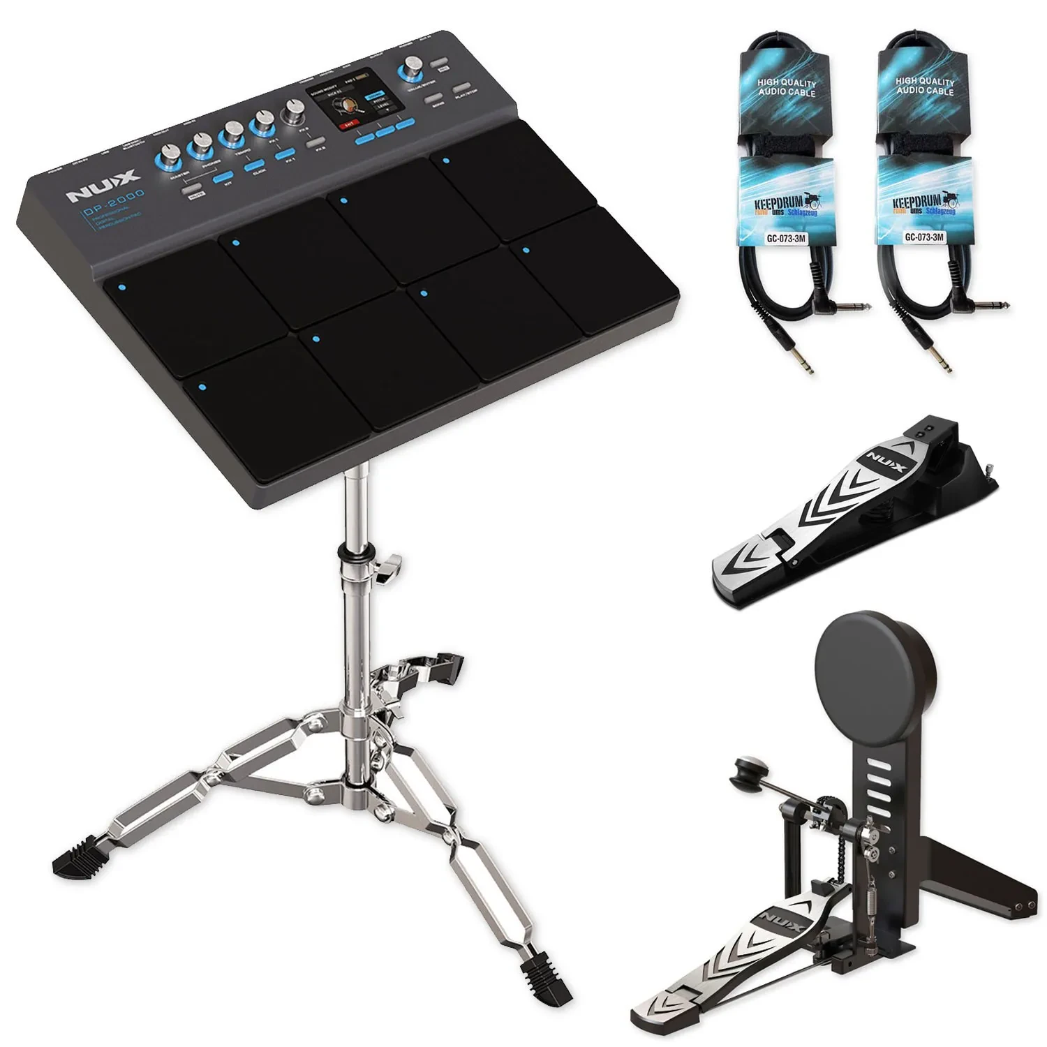 Nux DP-2000 Percussion Pad E-Drum Set mit Kick-Pedal HiHat und keepdrum Kabel