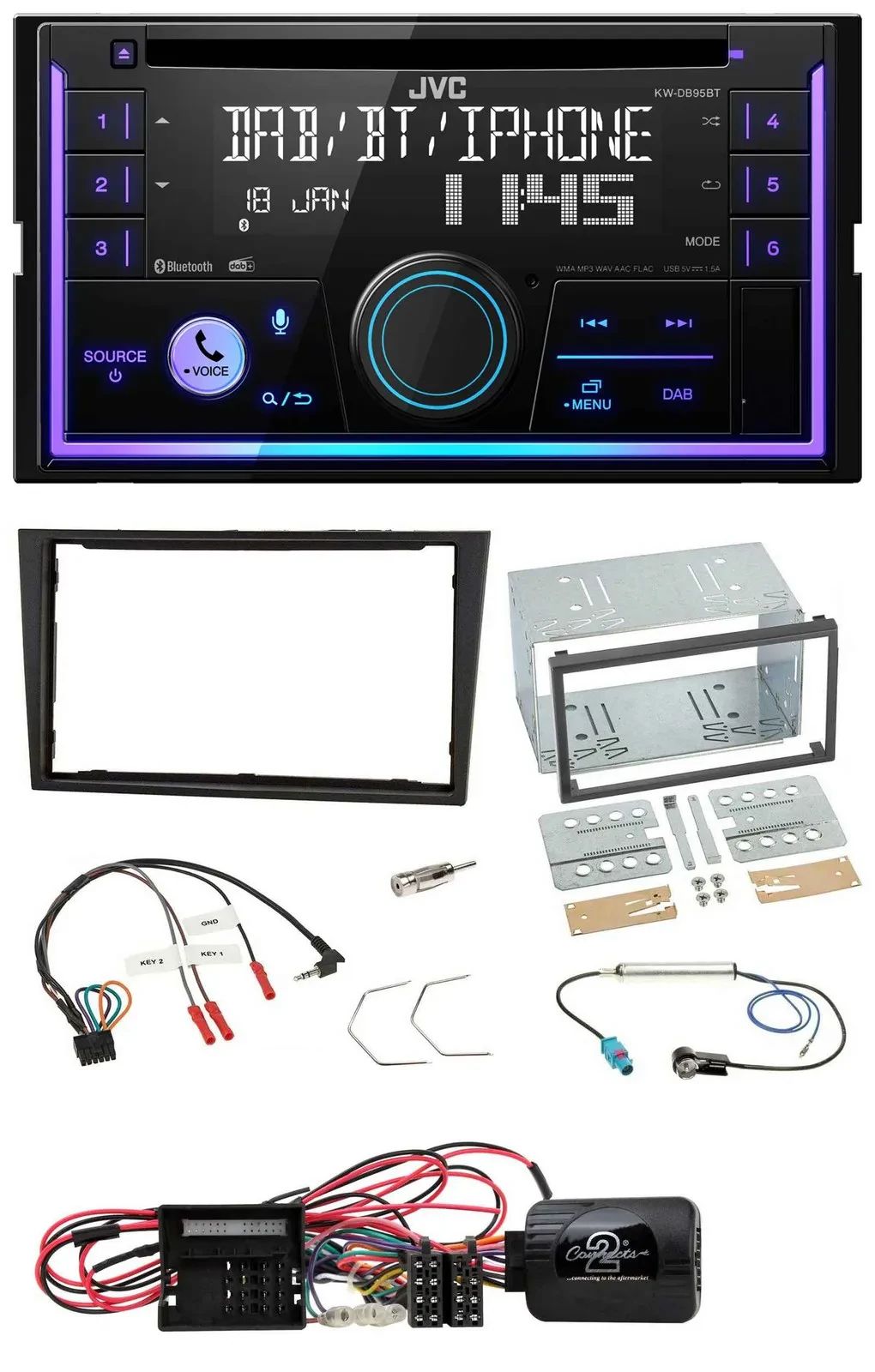 Автомагнитола JVC 2-DIN, DAB, Bluetooth, CD, USB, для Opel Corsa D, черный
