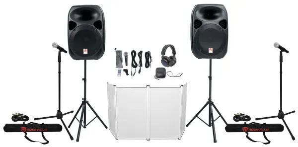 Rockville RPG122K (2) 12" Active Bluetooth Speakers+Mic+Stands+Headphones+Facade