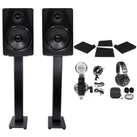 2) Rockville APM8B 8" 500w Powered Studio Monitors+Stands+Pads+Headphones+Mic