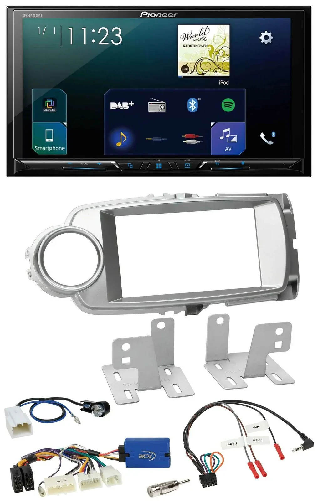 Автомагнитола для Toyota Yaris (2011–2014) Pioneer 2DIN Bluetooth USB DAB, серебристая