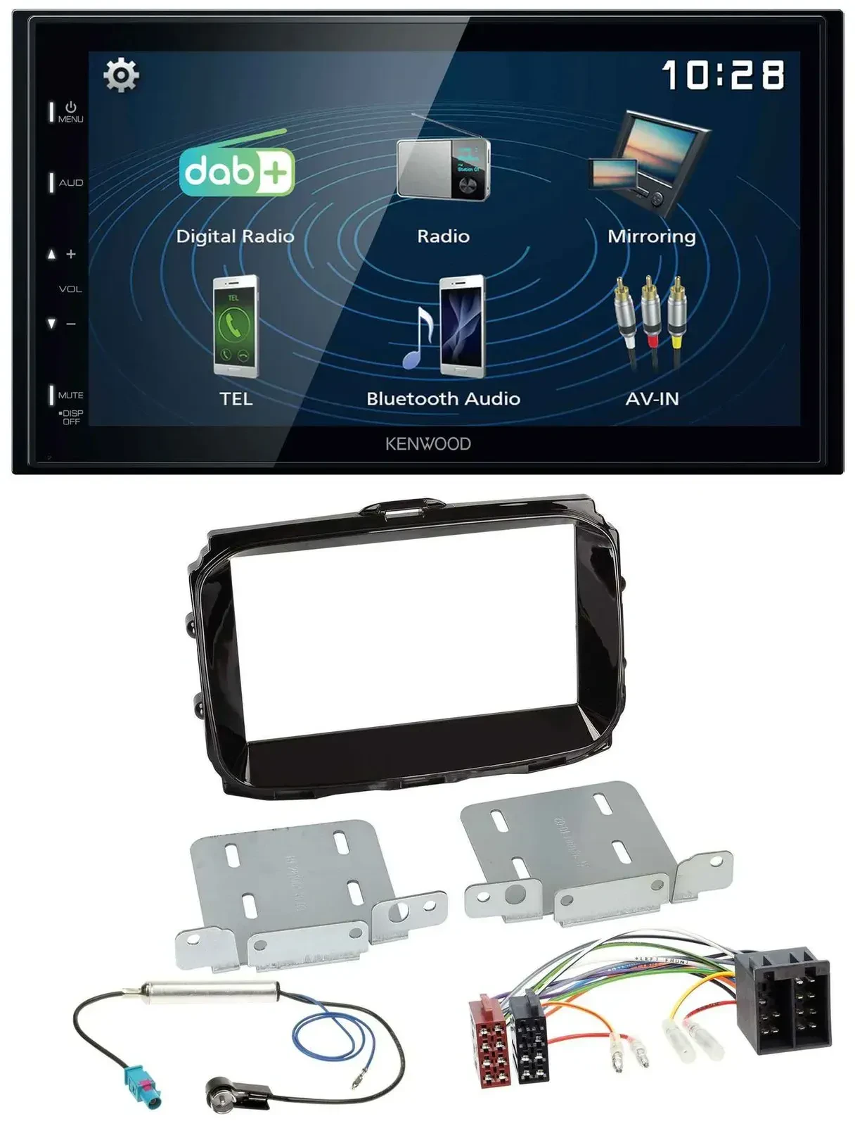 Автомагнитола Kenwood 2-DIN Bluetooth, USB, MP3, DAB для Alfa Romeo (ISO) черный глянец