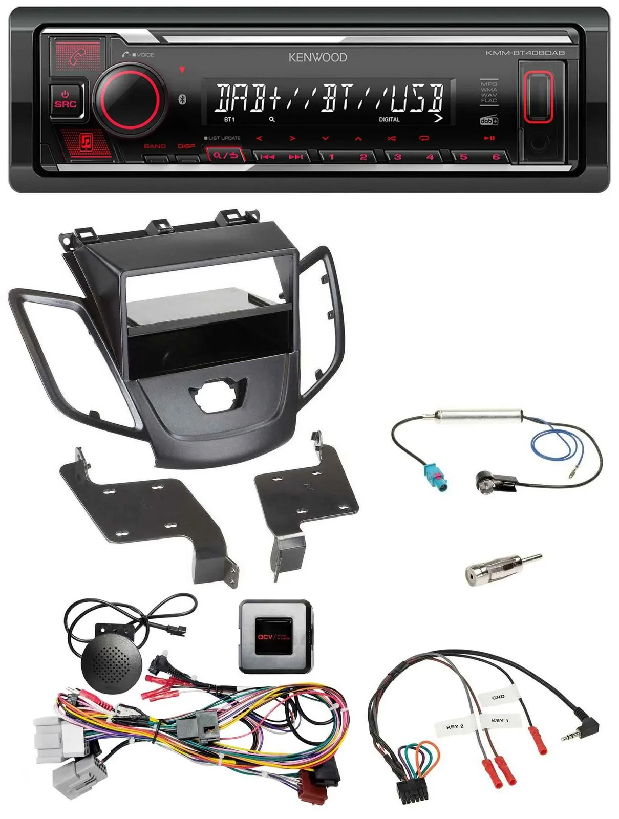 Автомагнитола Kenwood Bluetooth, USB, DAB для Ford Fiesta (2010–2013) без дисплея