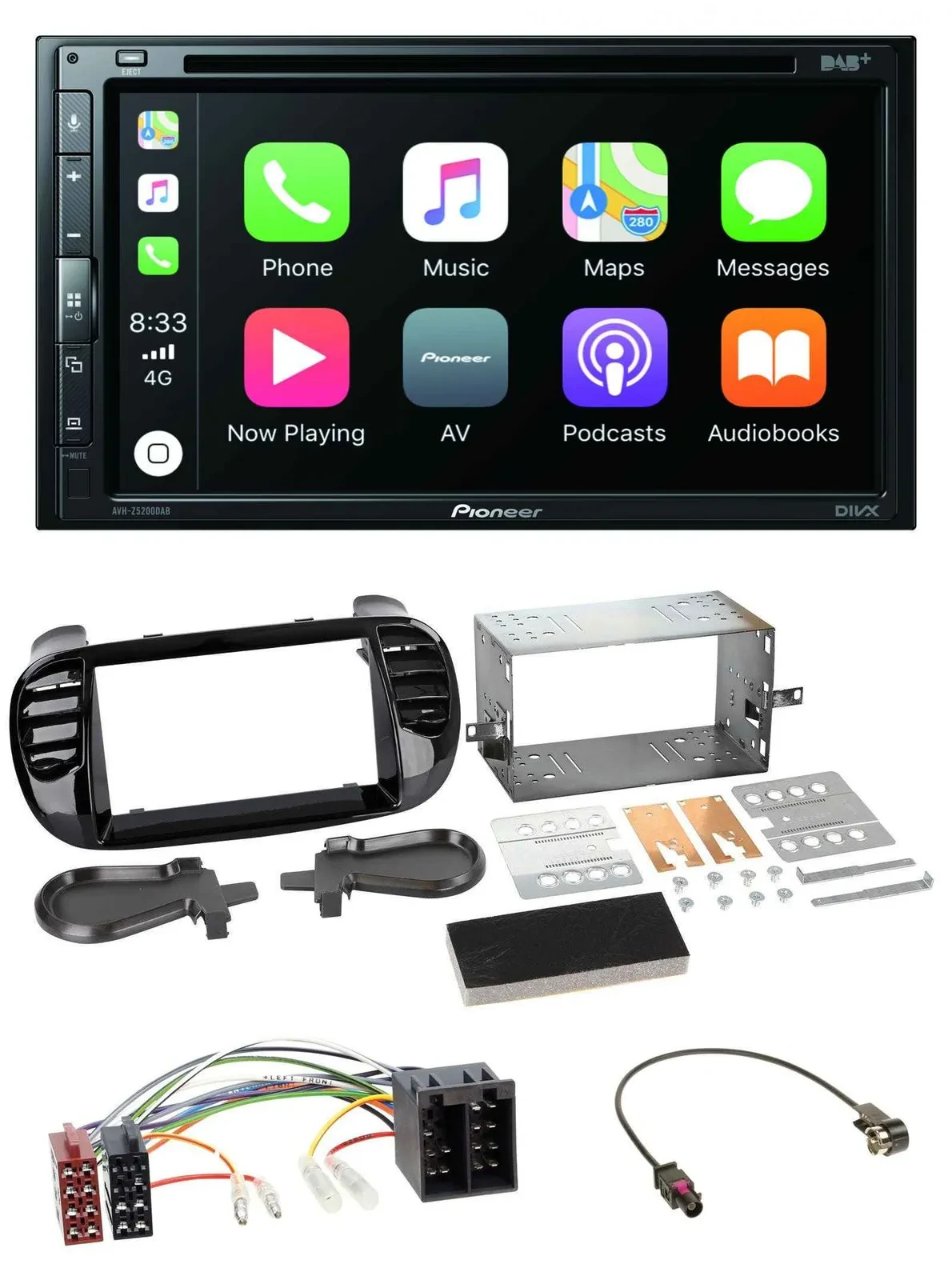 Pioneer DVD 2DIN MP3 DAB Bluetooth USB Autoradio für Fiat 500 ab 12 ISO schwarz