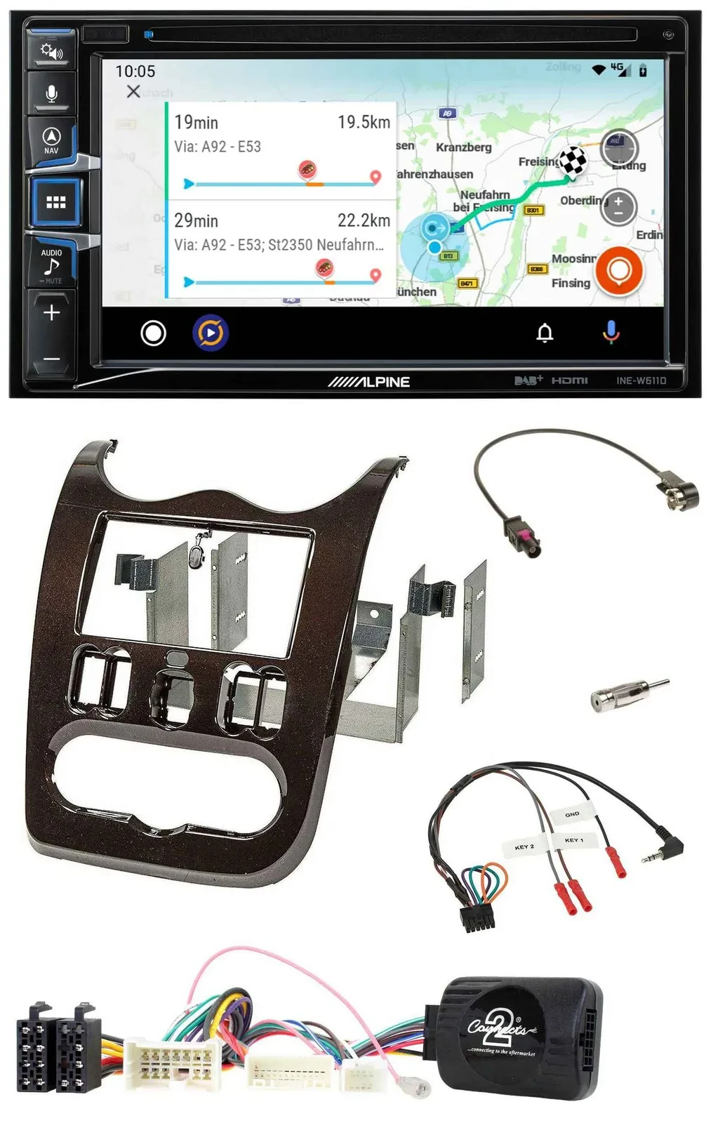 Автомагнитола Alpine 2DIN, Bluetooth, USB, DAB, TMC, навигация, поддержка кнопок на руле, для Dacia (с 2012), тёмно-коричневый