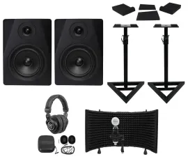 2 Rockville DPM5B 5.25" 300w Active Studio Monitors+Stands+Headphones+Mic+Shield