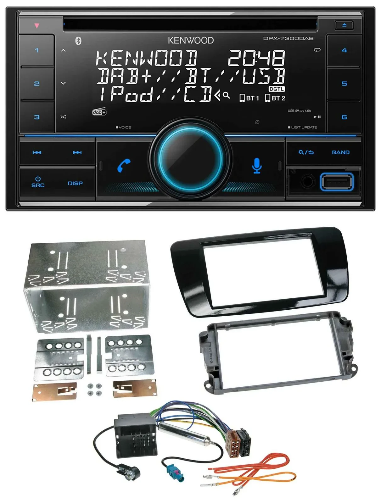 Автомагнитола для Seat Ibiza (с 2008) Kenwood 2-DIN, CD, DAB, USB, MP3, Bluetooth, чёрный глянец