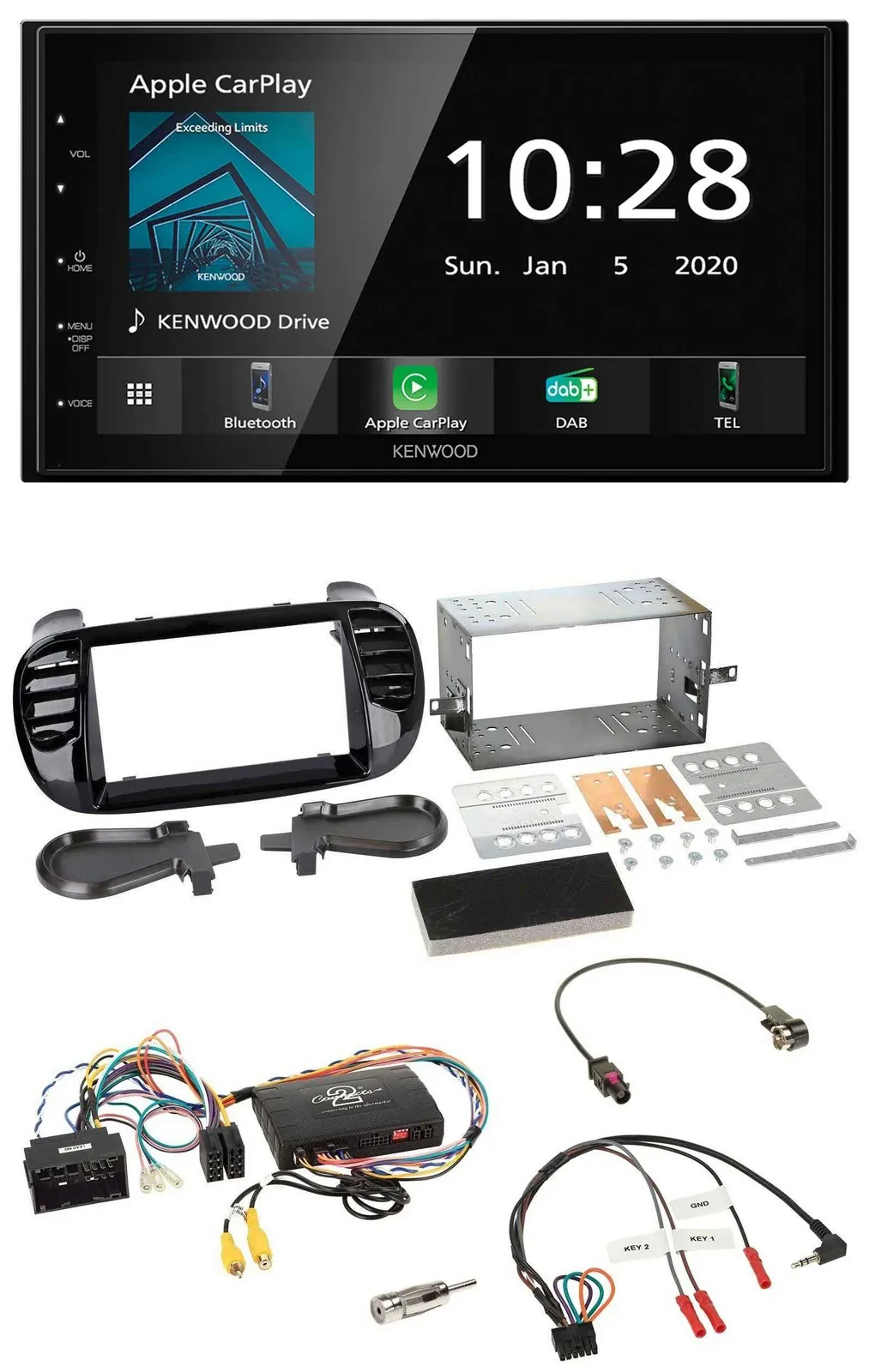Kenwood Bluetooth Lenkrad DAB USB 2DIN Autoradio für Fiat 500 2014-2015 schwarz