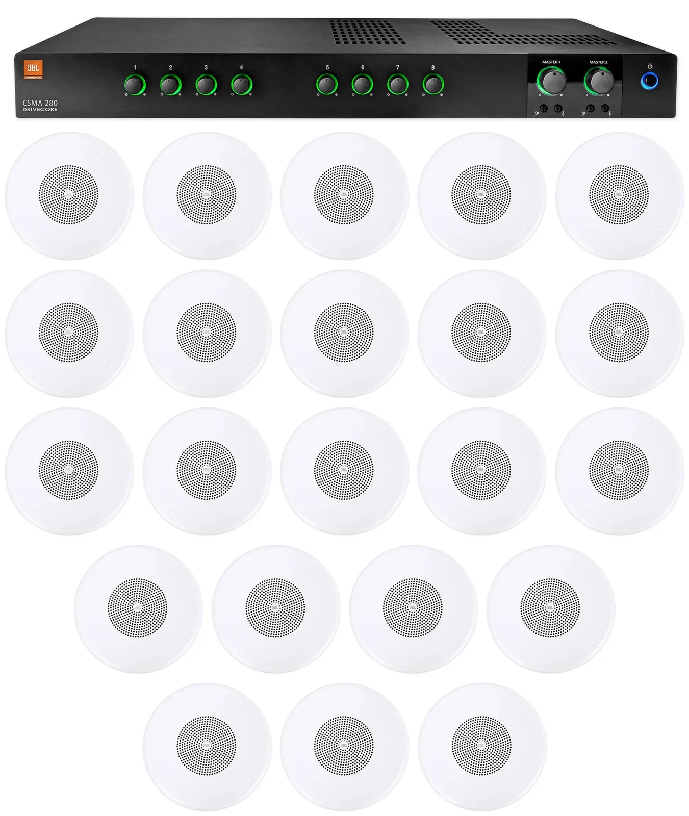 Усилитель мощности для ресторанов/баров/кафе JBL CSMA280 + CSS8004 (набор, 22 шт.) 2x80W, 4/8 Ом, 70/100 В, 4"