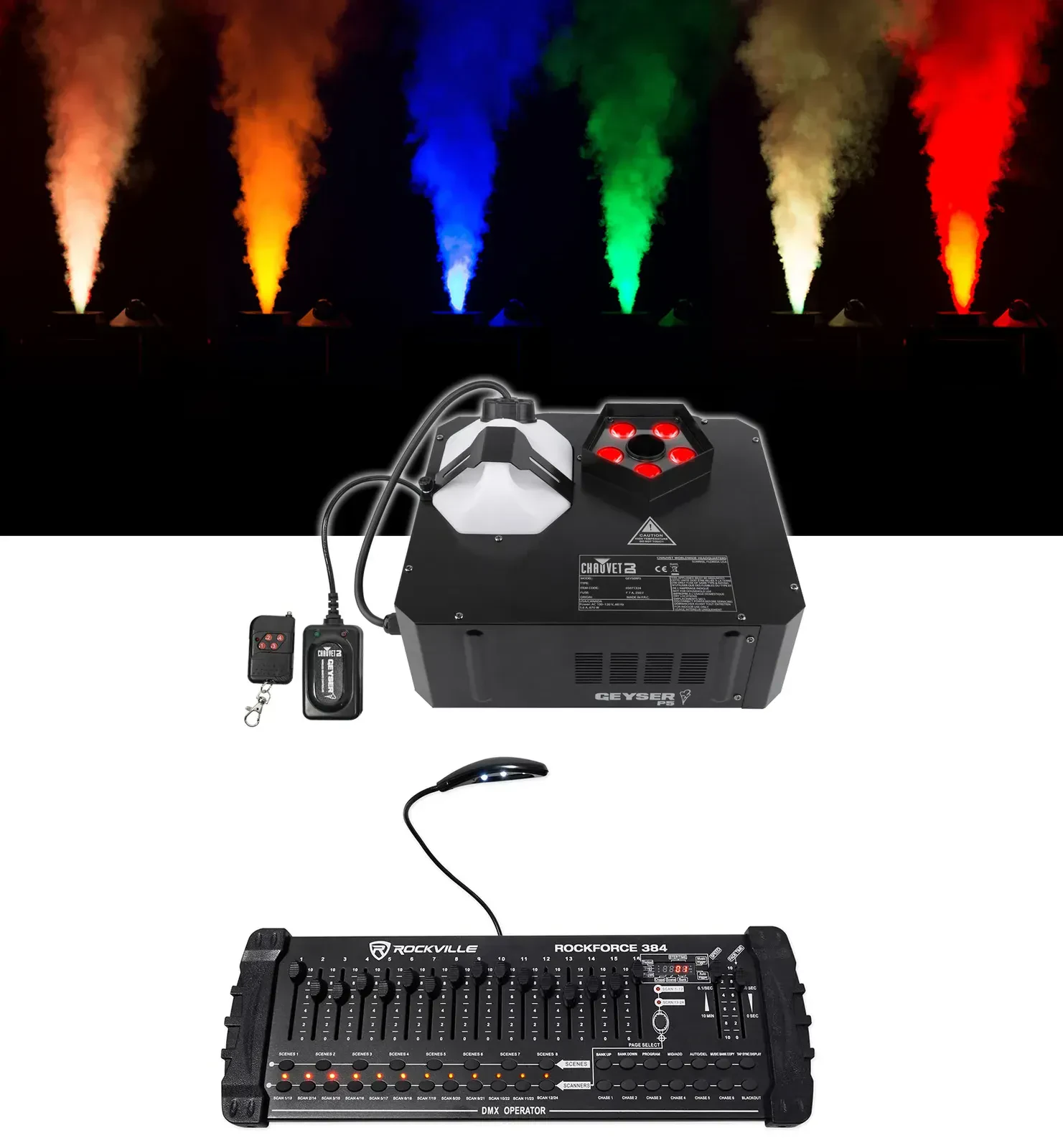 Генератор дыма Chauvet DJ GEYSER P5 + ROCKFORCE 384 RGBA+UV LED, с DMX-контроллером 384 канала (набор)
