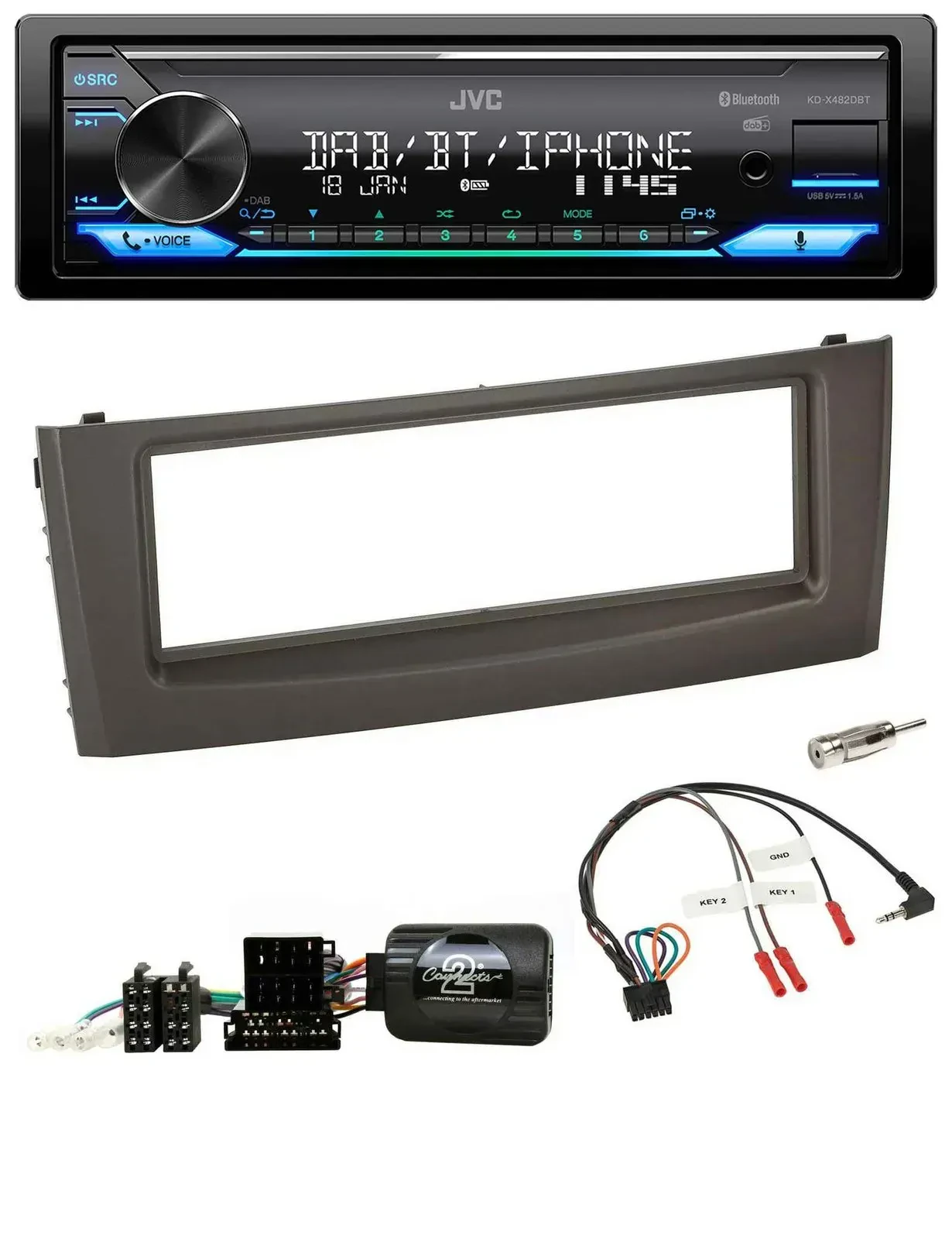 Автомагнитола JVC Bluetooth DAB USB для Fiat Grande Punto (2006–2010), черный