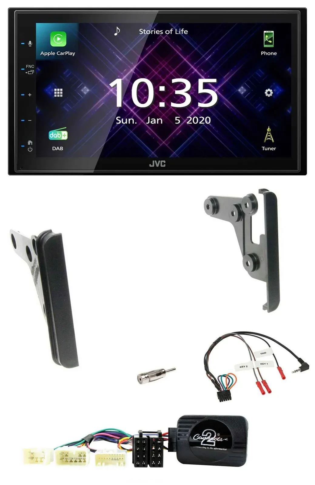 Автомагнитола для Toyota Yaris 2007–2010 JVC 2DIN, DAB, Bluetooth, USB, поддержка кнопок на руле