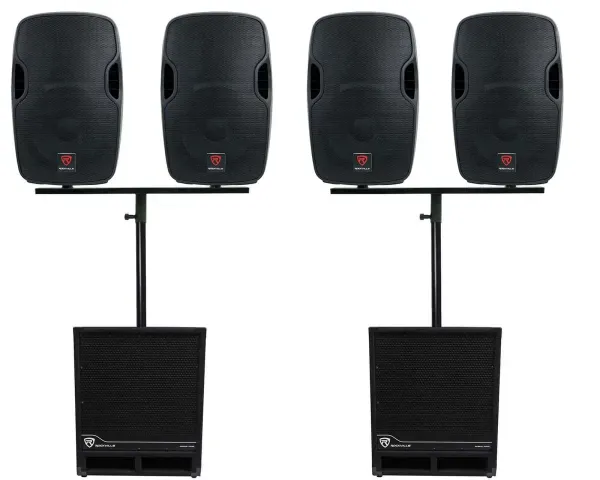 Rockville DJ Package w/(4) 12" Active Speakers+Mounts+(2) 15" Powered Subwoofers