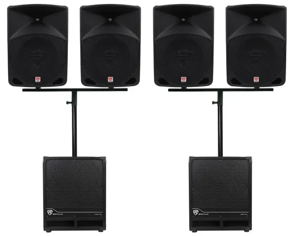 (4) Rockville RPG10 10" Active DJ PA Speakers+Mounts+(2) 12" Powered Subwoofers