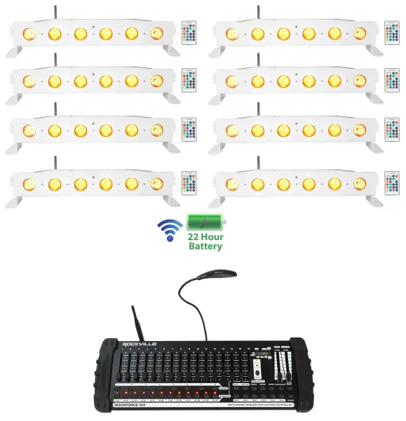 (8) Rockville BEST STRIP 60 White Light Bars+384 Ch. Wireless DMX Controller