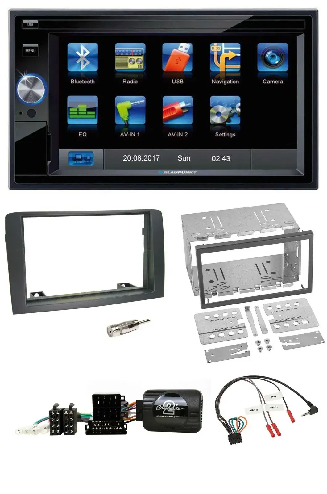 Автомагнитола с навигацией Blaupunkt 2DIN, USB, Bluetooth, TMC для Fiat Idea (2006–2012) серый