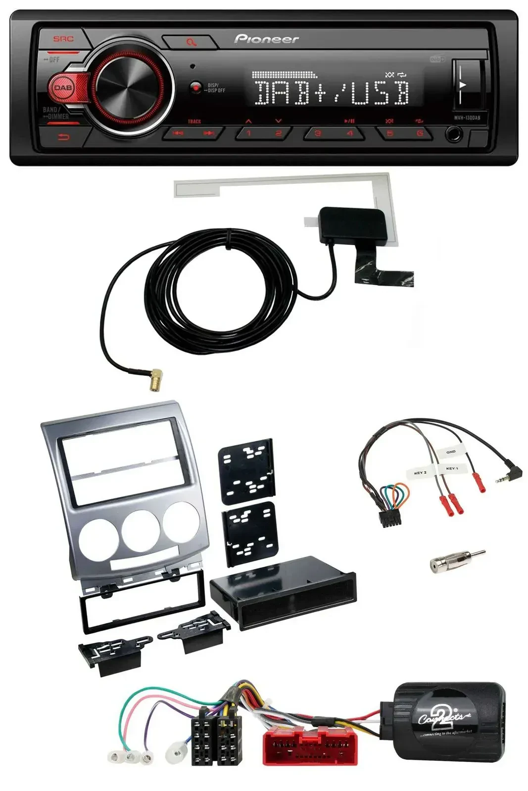 Автомагнитола Pioneer 1-DIN MP3 DAB USB для Mazda 5 (CR, 2005–2010), серебристая, с поддержкой кнопок на руле