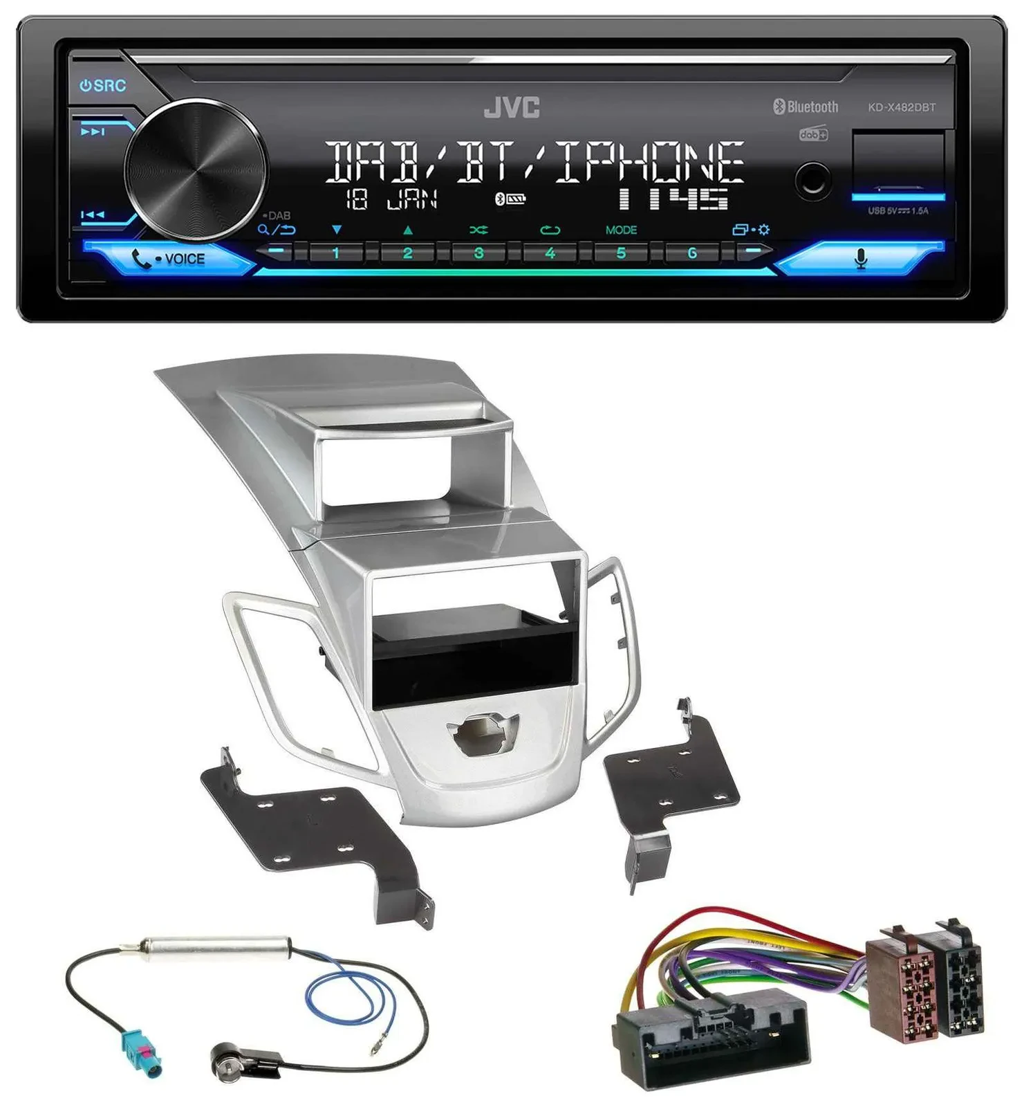 JVC Bluetooth DAB USB MP3 Autoradio für Ford Fiesta Display 10-17 silber