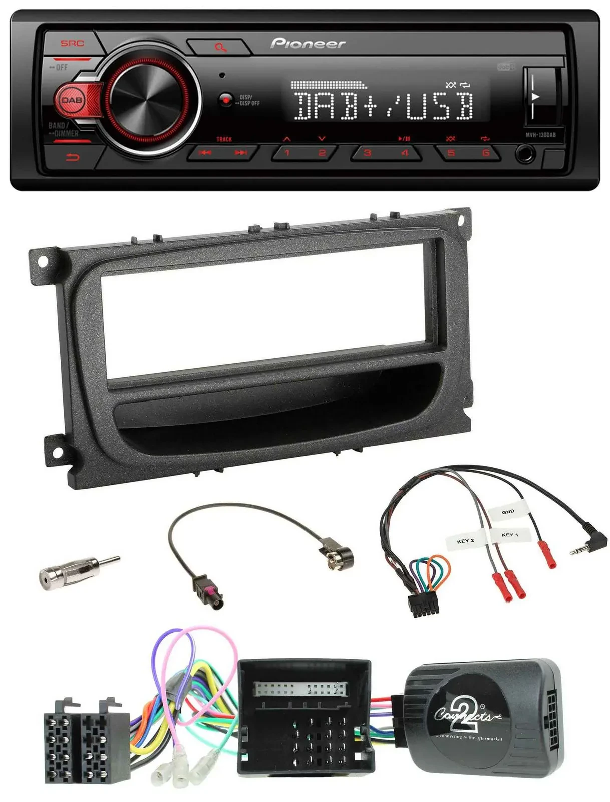 Автомагнитола Pioneer 1DIN, DAB, USB, для Ford C-Max/Focus/Galaxy (2007–2010), поддержка управления с руля, CAN