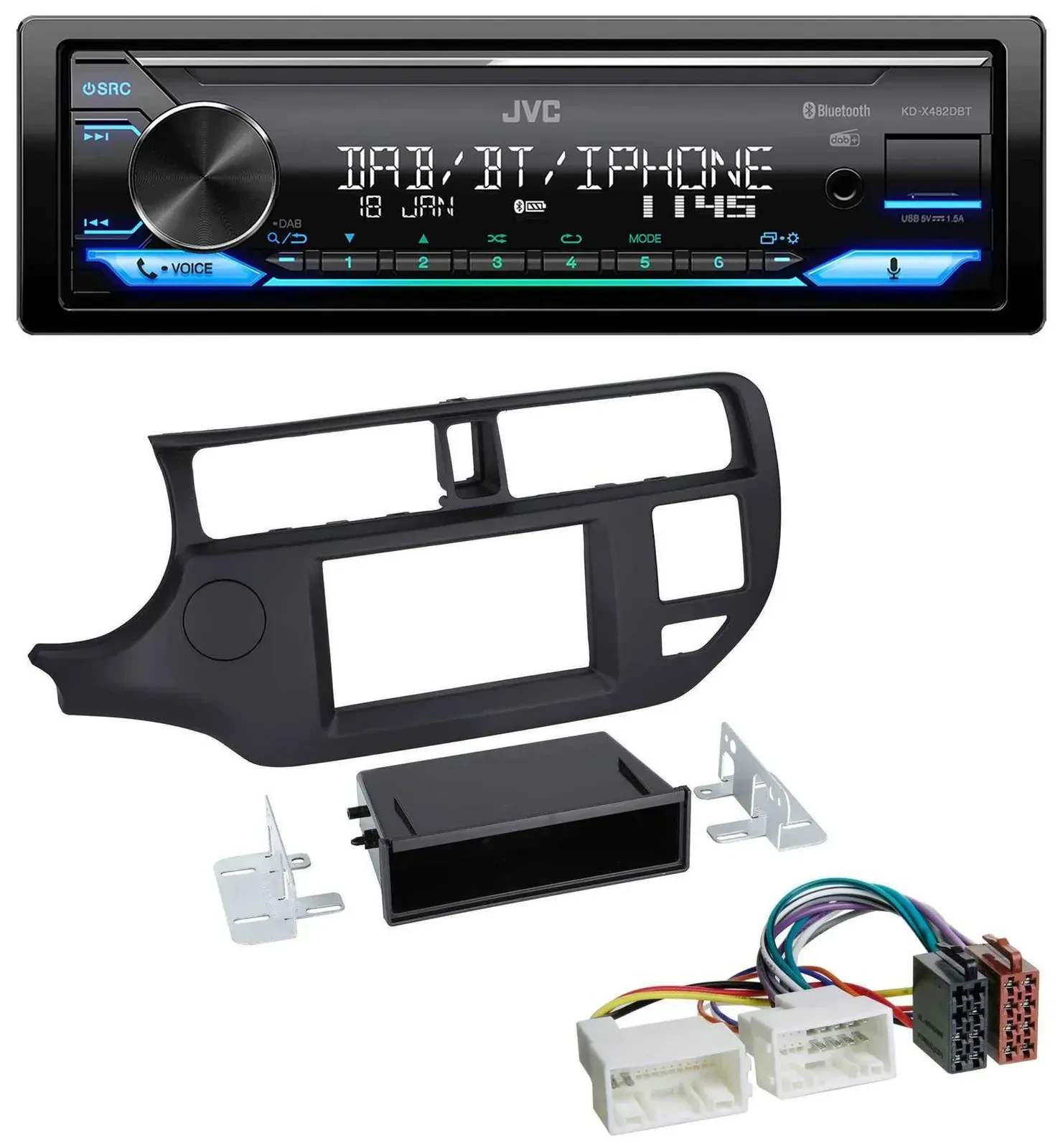Автомагнитола для Kia Rio (UB 2011–2014) JVC Bluetooth DAB USB MP3, чёрная