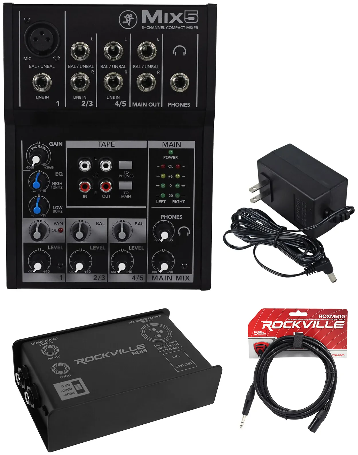 Mackie Mix 5 Channel Mix5 Mixer Low Noise + Rockville DI Box + Cable