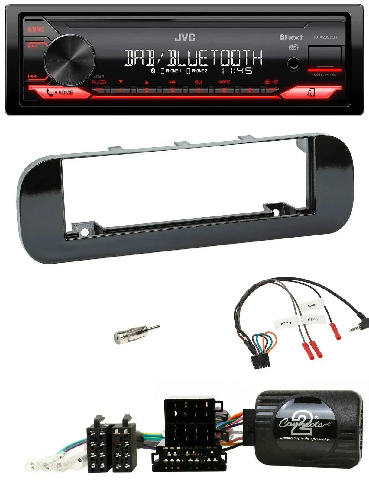 Автомагнитола для Fiat Panda (2012–2020) JVC Bluetooth, USB, DAB, черный глянцевый