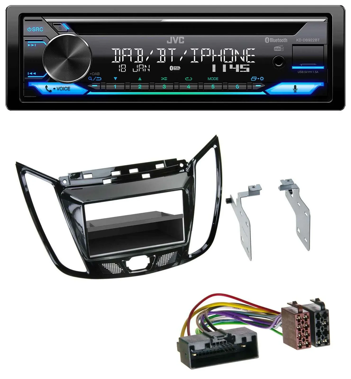 Автомагнитола JVC Bluetooth, USB, DAB, CD для Ford C-Max/Kuga, черный глянец