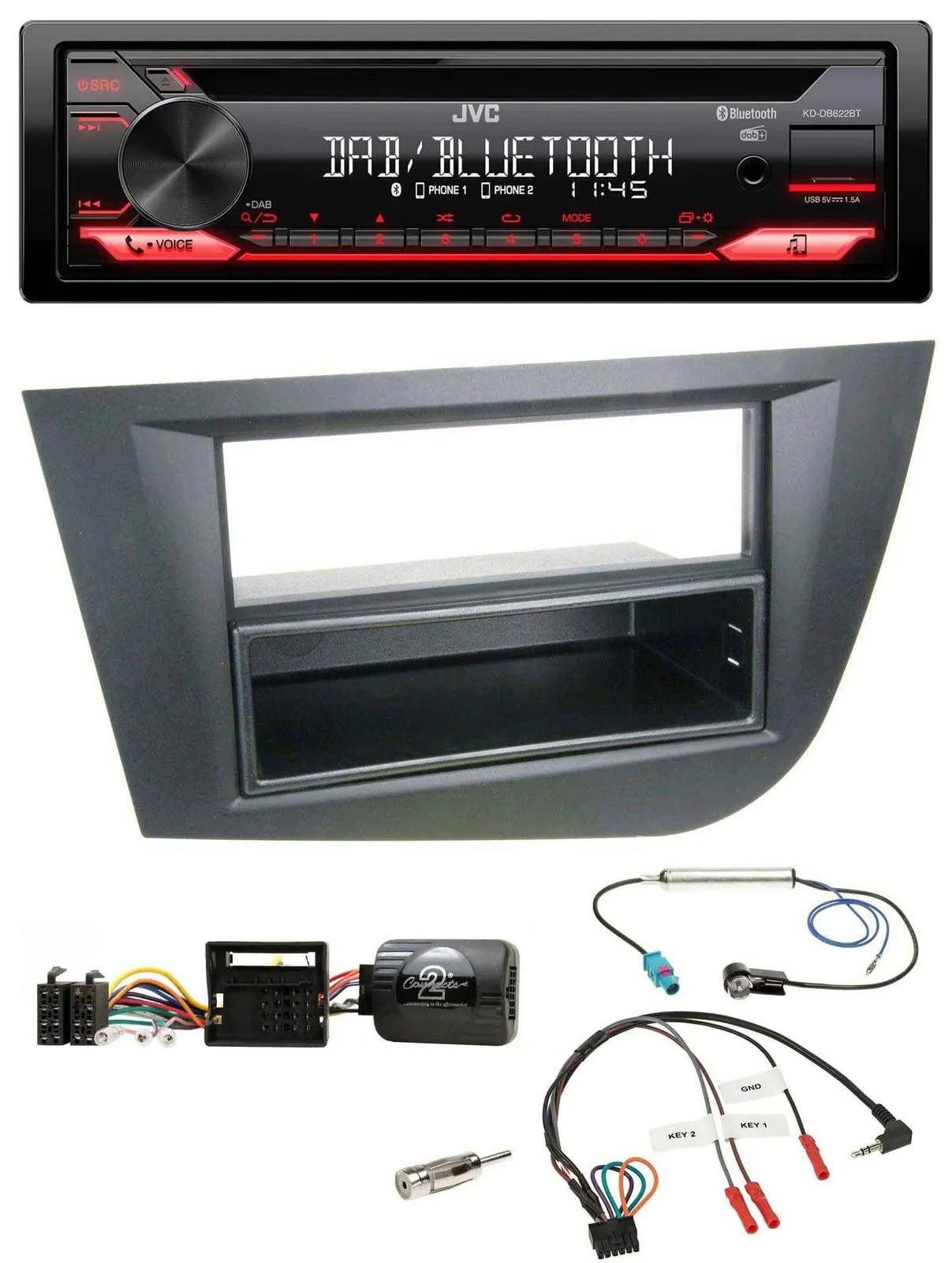 Автомагнитола JVC CD, DAB, USB, Bluetooth для Seat Leon (2005–2010) черная, совместима с кнопками на руле