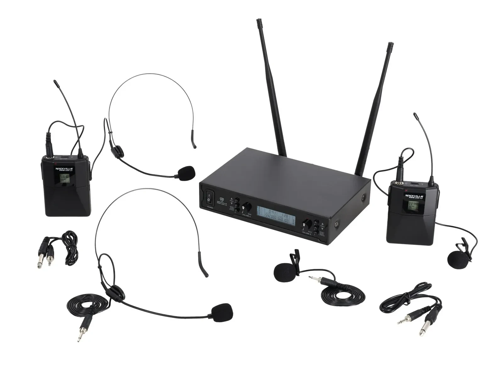 Микрофонная радиосистема Rockville RWM-200 L2 UHF, 200 каналов, 2-канальная, с петличными и головными микрофонами