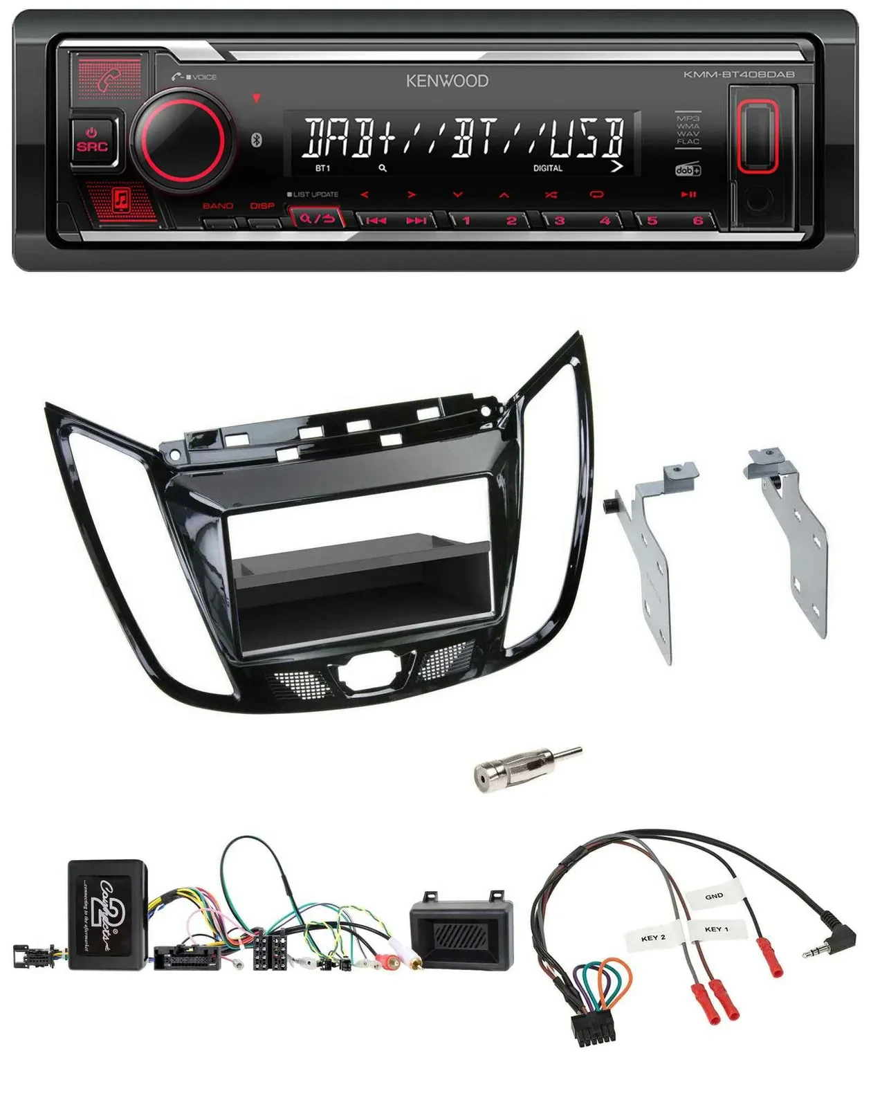 Автомагнитола Kenwood для Ford C-Max/Kuga Bluetooth USB DAB черный (piano black) с поддержкой кнопок на руле
