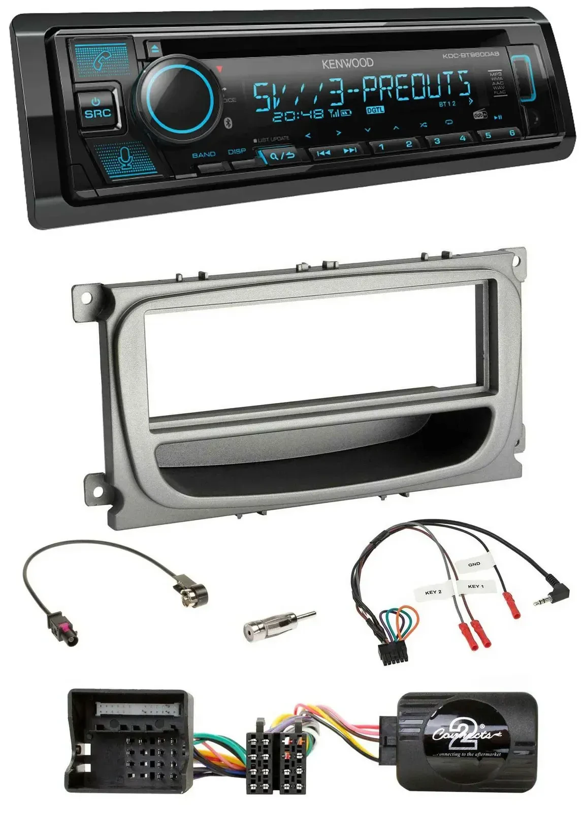 Автомагнитола для Ford Mondeo/S-Max Kenwood Bluetooth USB CD DAB, серебристая, с поддержкой кнопок на руле