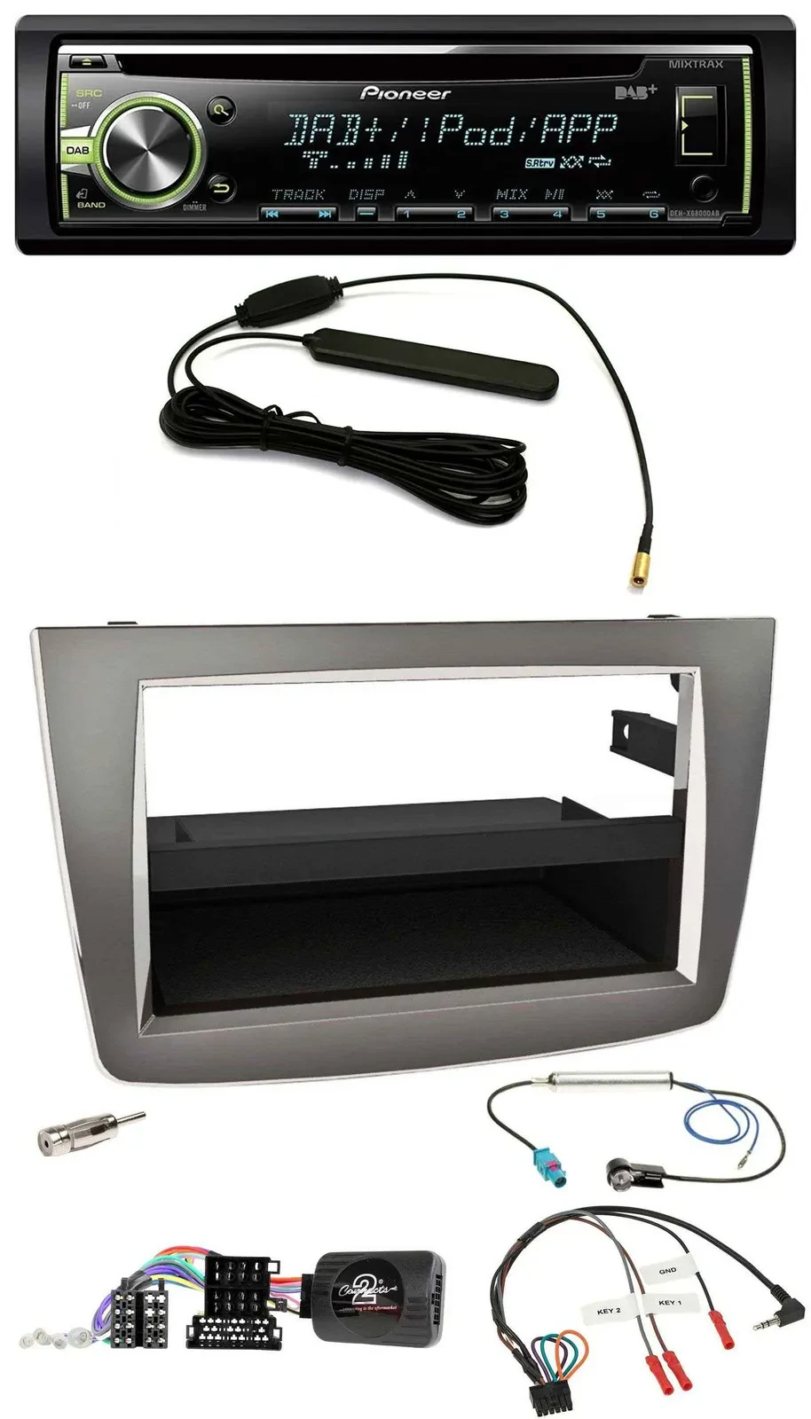 Автомагнитола для Alfa Romeo Mito (955, 2008–2014) Pioneer MP3, CD, USB, DAB, управление с руля, серебристая