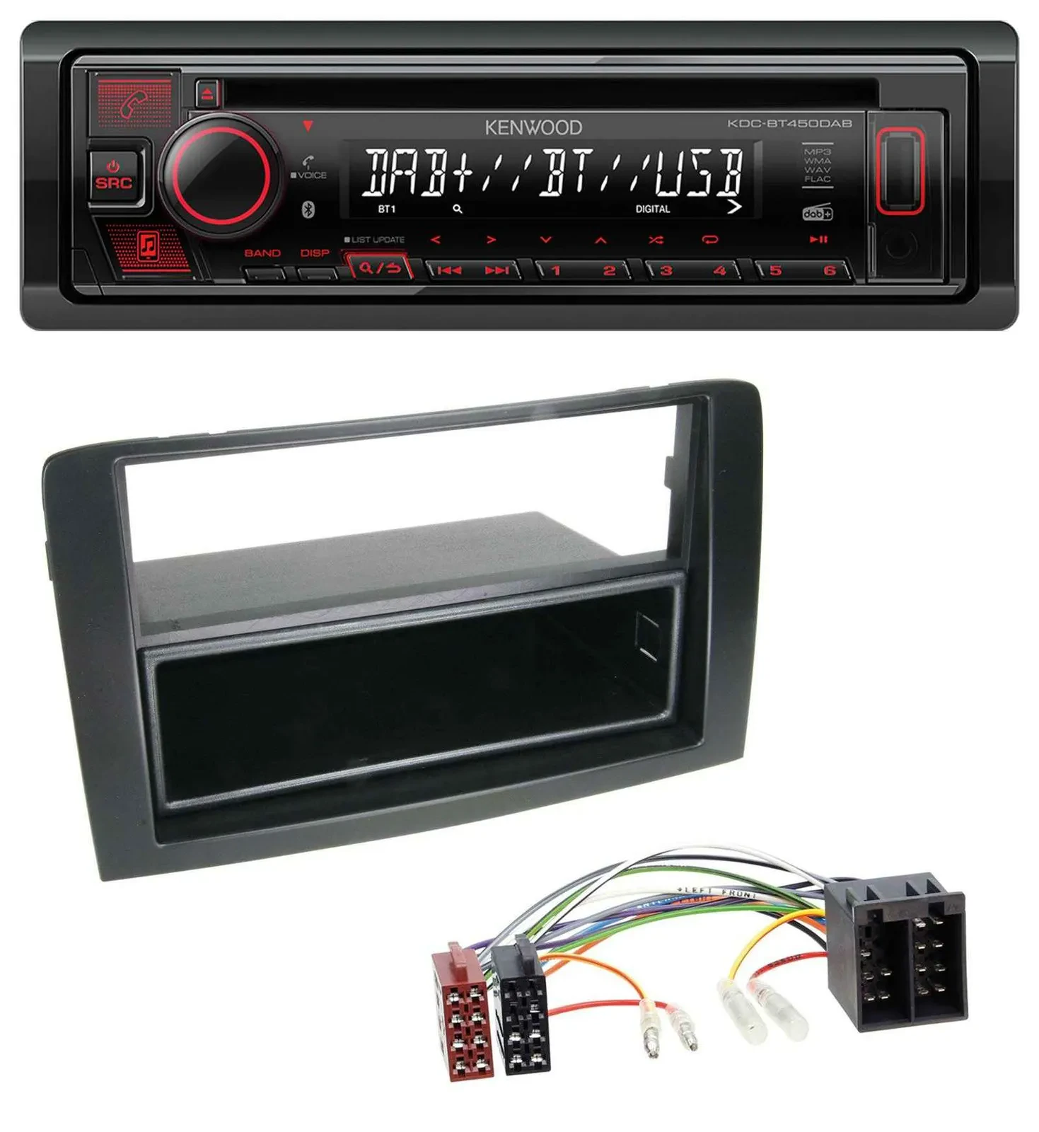 Автомагнитола Kenwood MP3 CD USB Bluetooth DAB черная для Fiat Idea (350, 2003–2011)