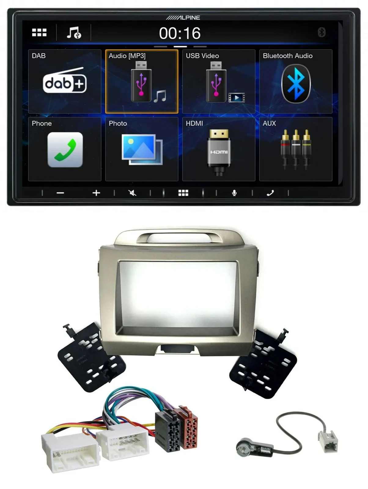 Автомагнитола для Kia Sportage 3 (SL) 2010–2015 Alpine 2DIN, Bluetooth, DAB, USB, MP3, серебристая