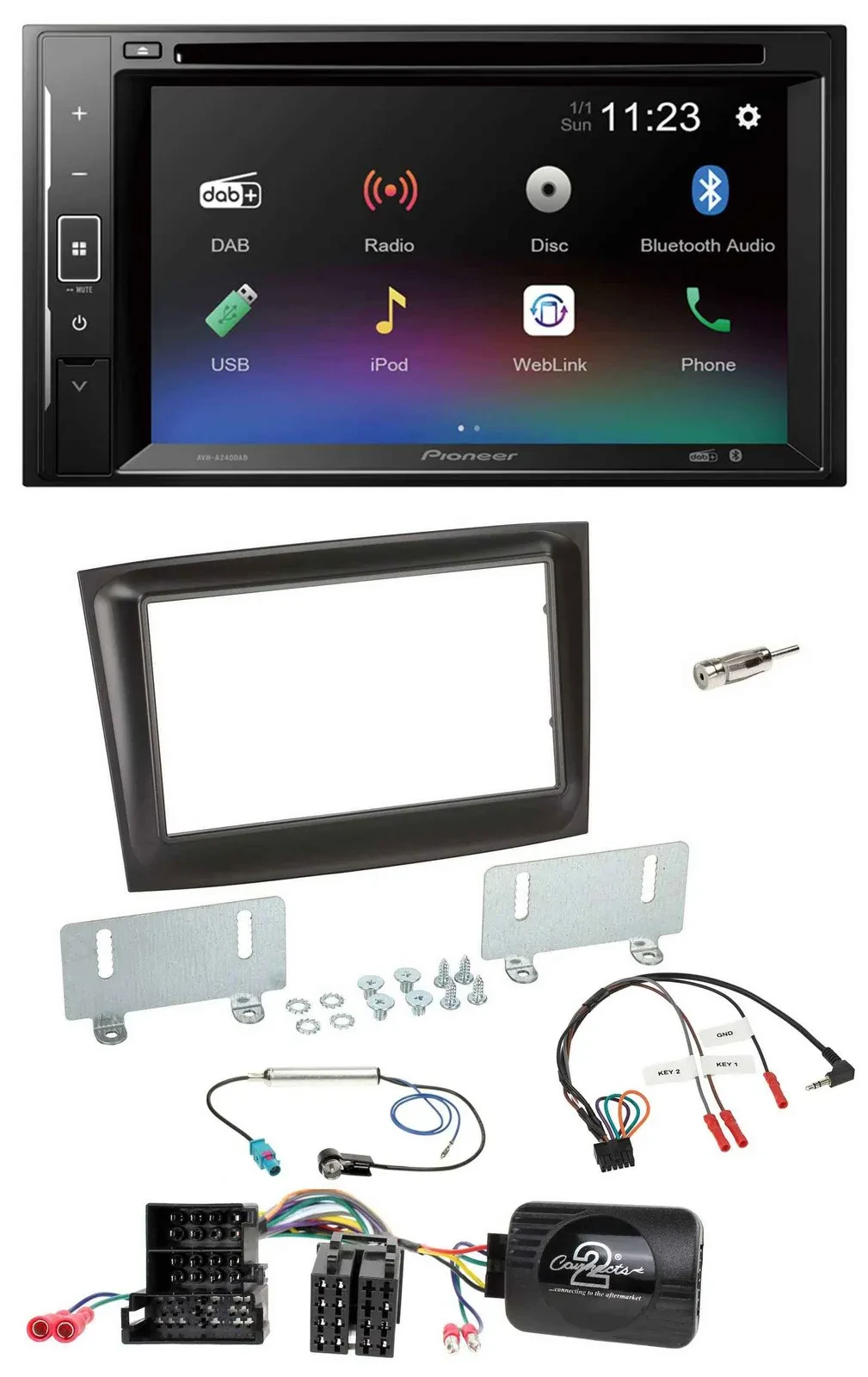 Pioneer Bluetooth Lenkrad USB 2DIN DAB DVD Autoradio für Fiat Doblo Mini-ISO ab