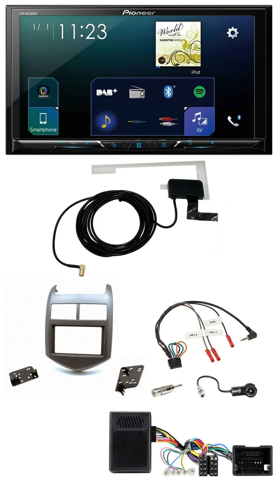 Автомагнитола для Chevrolet Aveo Pioneer 2DIN, DAB, Bluetooth, USB, поддержка управления с руля, тёмный