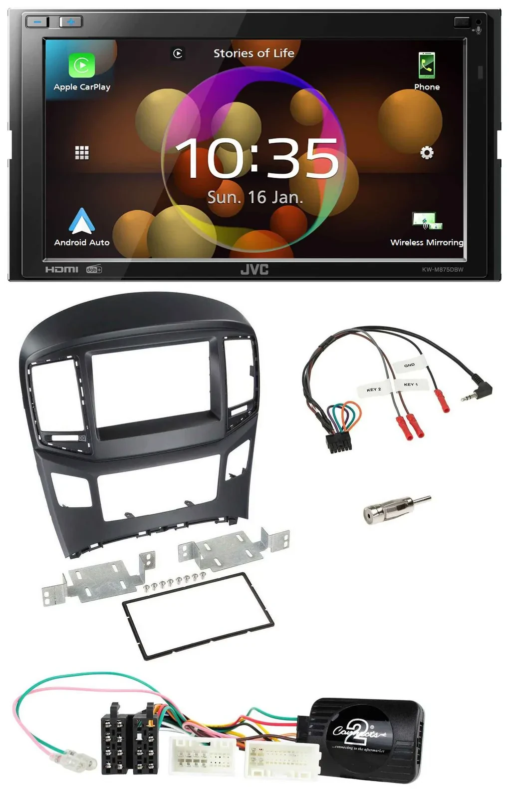 JVC DAB Lenkrad 2DIN Bluetooth USB Autoradio für Hyundai H1 ab 2015 schwarz