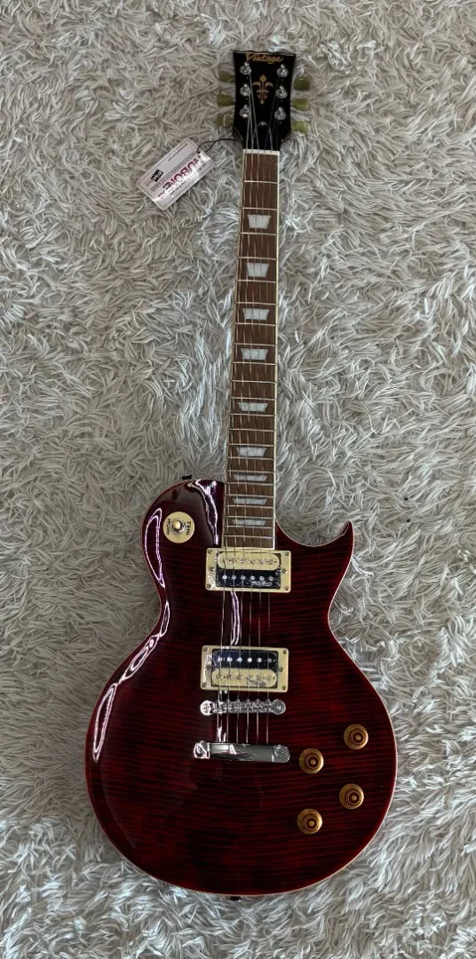 Vintage V100TWR Reissued Single Cutaway Electric Guitar Flame Wine Red - B-Stock