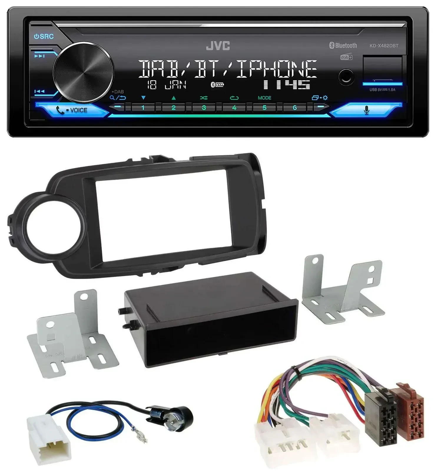 Автомагнитола JVC Bluetooth, DAB, USB, MP3 для Toyota Yaris (2011–2014), черная