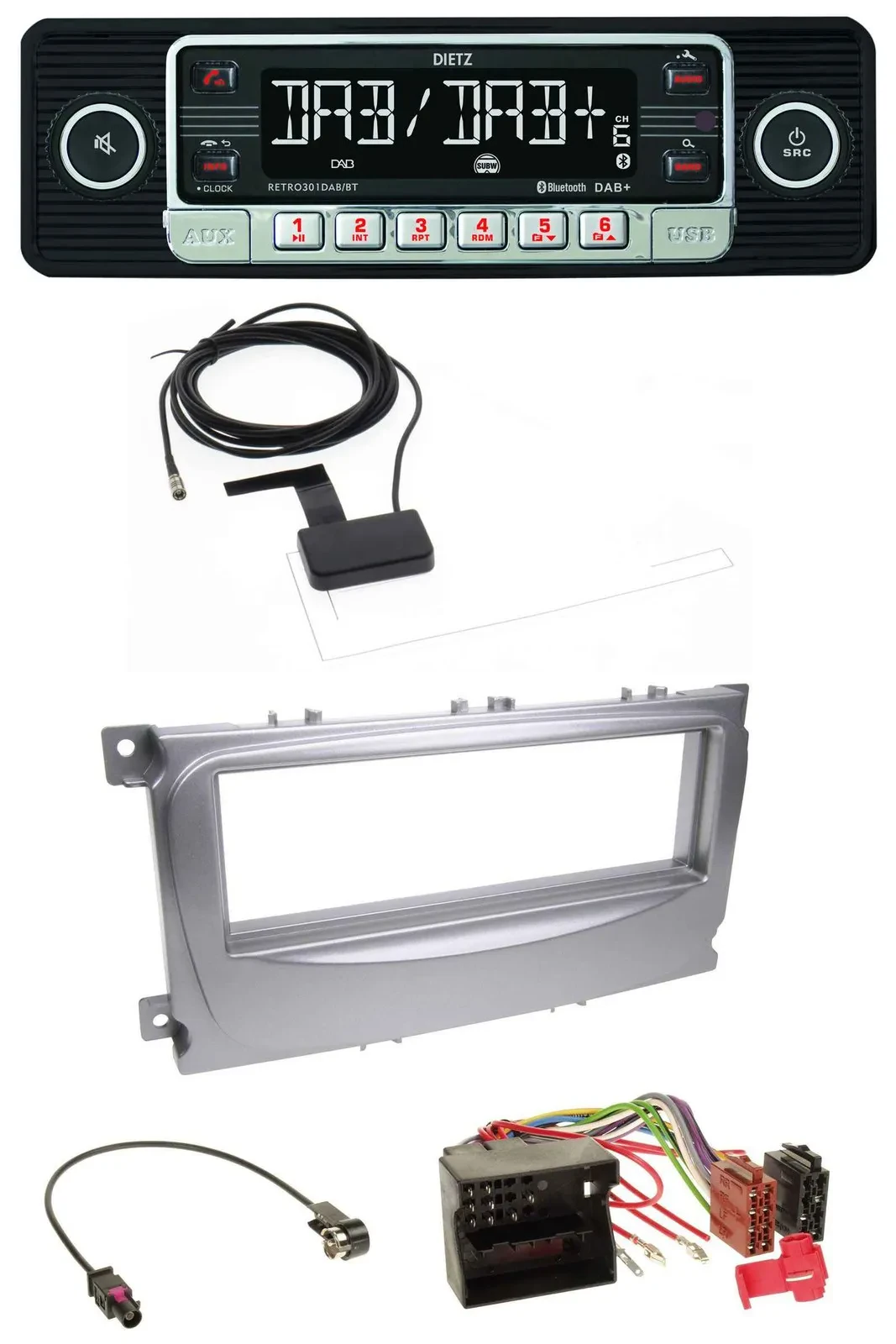 Автомагнитола для Ford Galaxy, C‑Max, Focus (с 2007) Dietz DAB, Bluetooth, USB, MP3, серебристый