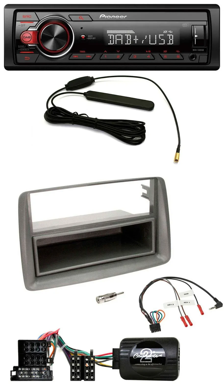 Автомагнитола Pioneer 1-DIN, DAB, MP3, USB, поддержка управления с руля, для Fiat Panda (2004–2010), серый