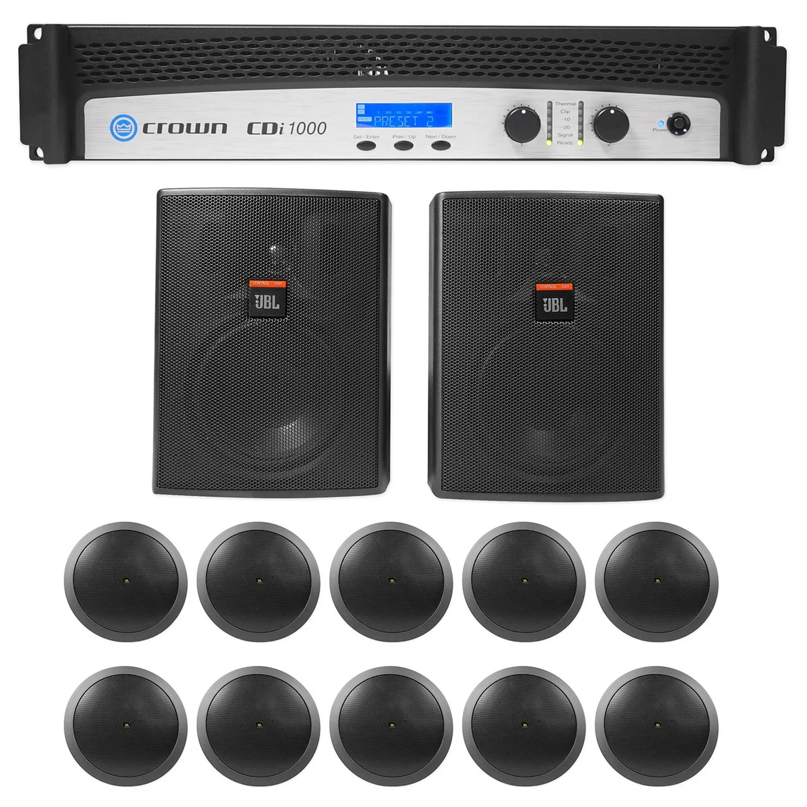 Crown CDi1000 500w 70V Commercial Amplifier+(2) JBL Wall + (10) Ceiling Speakers