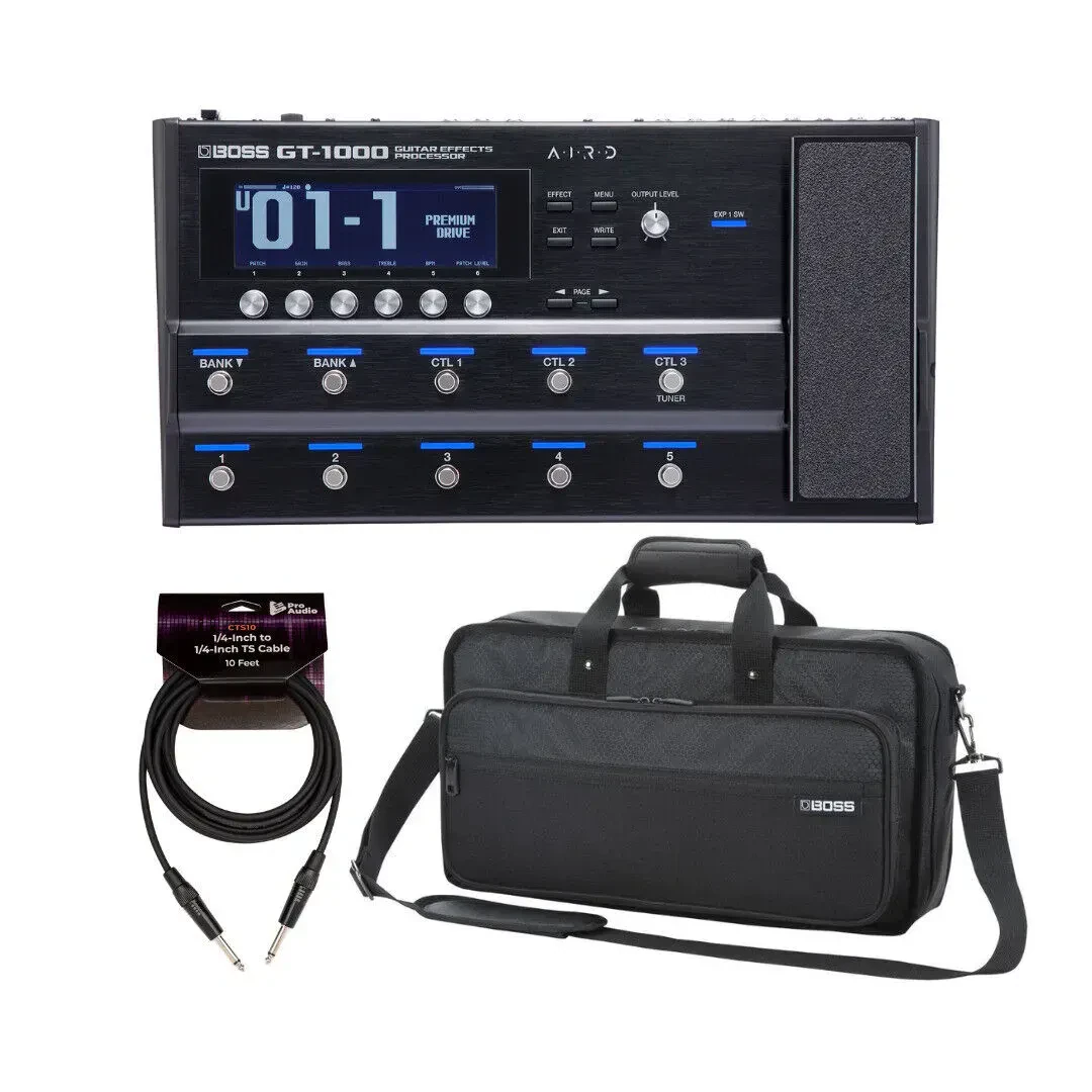 BOSS GT 1000 Guitar Multi Effects Processor with Case and Guitar Cable Bundle