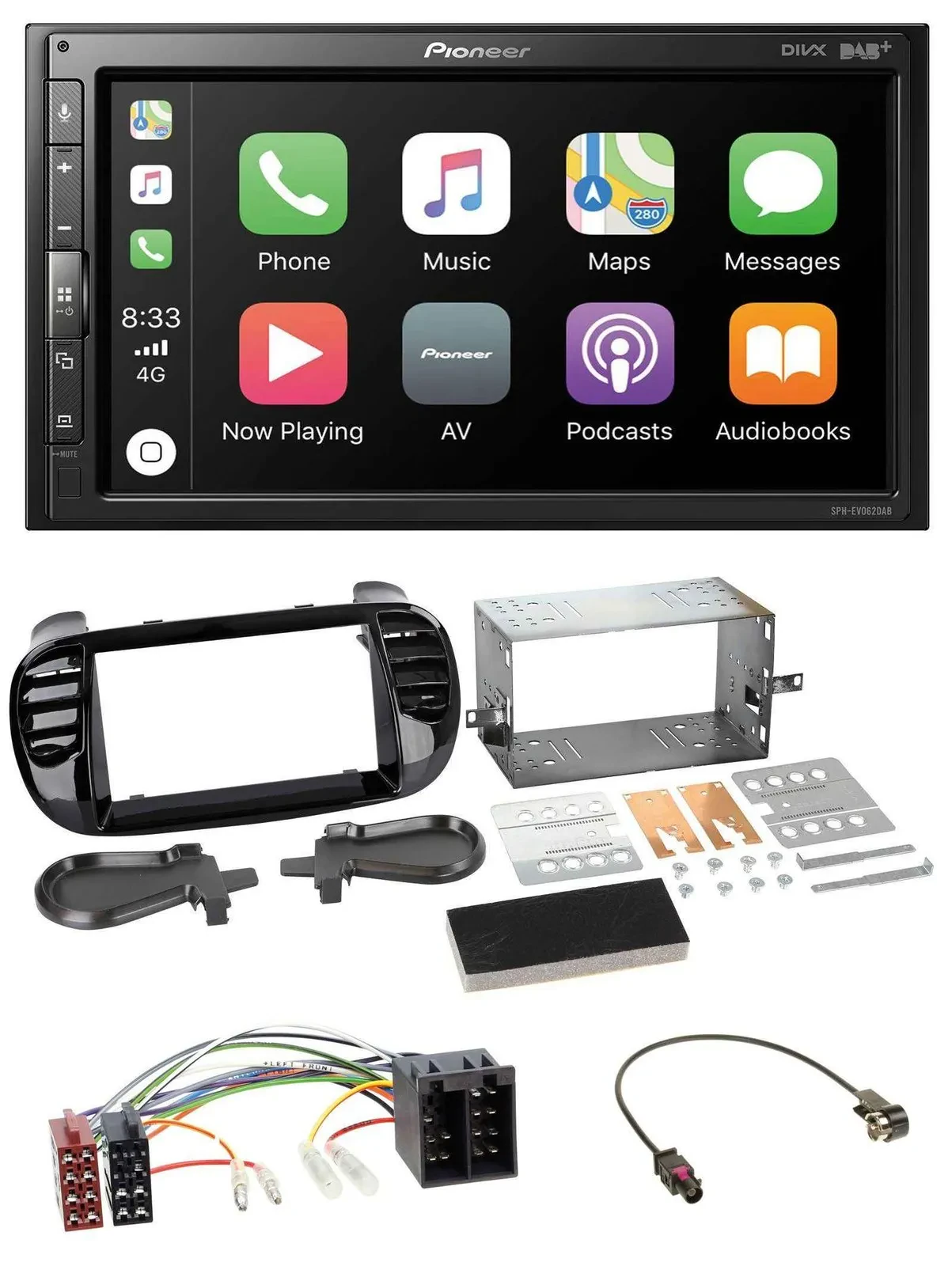 Автомагнитола Pioneer 2-DIN, Bluetooth, USB, MP3, DAB, для Fiat 500 (с 2012), ISO, черный