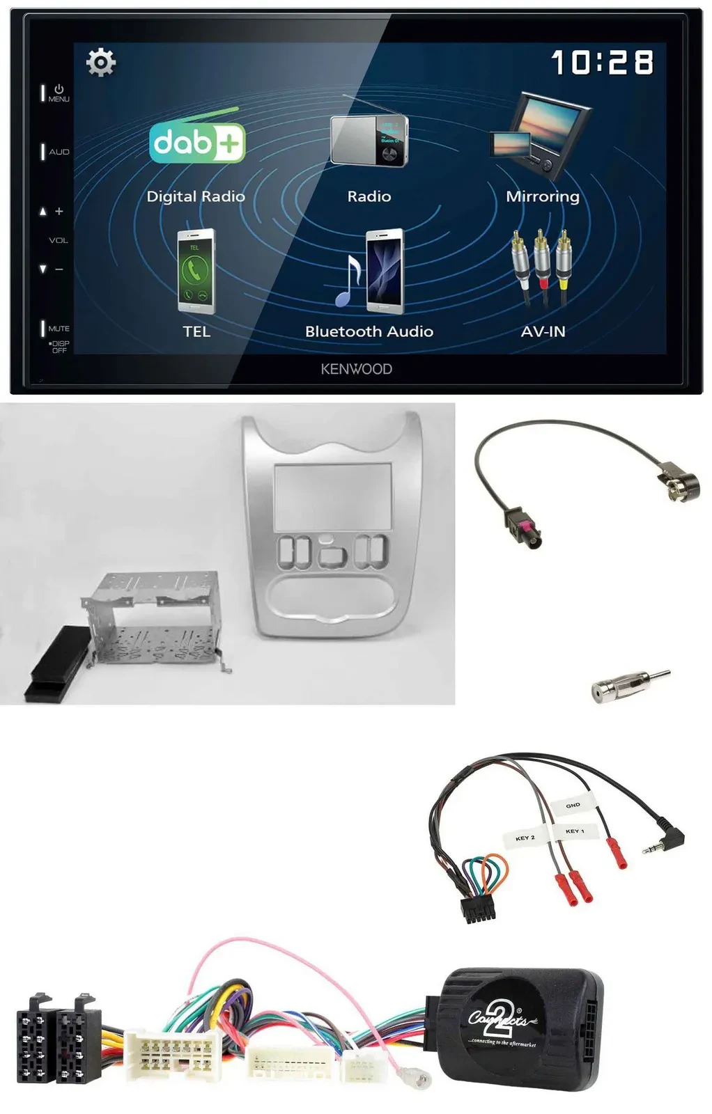 Автомагнитола Kenwood 2DIN Bluetooth USB DAB для Dacia (с 2012), цвет светло-серебристый, с поддержкой кнопок на руле
