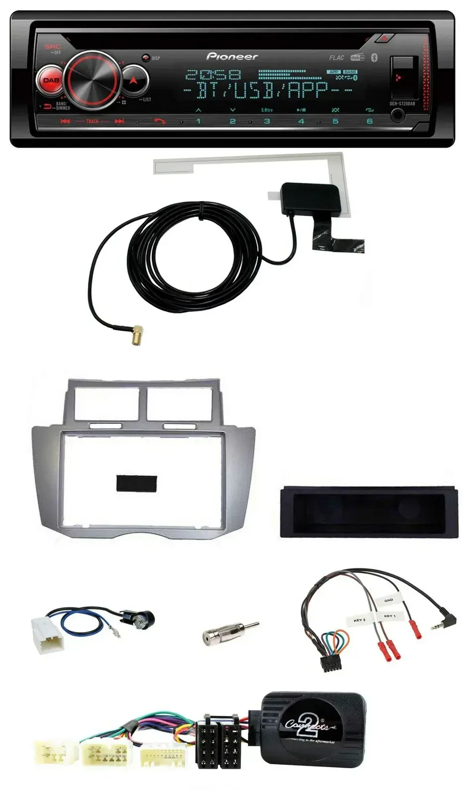 Автомагнитола Pioneer для Toyota Yaris 2007–2011 DAB, CD, USB, Bluetooth, совместим с кнопками на руле, серебристый