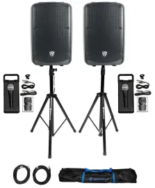 (2) Rockville TITAN 12 12" 2000w Active DJ PA Speakers/Bluetooth+(2) Mics+Stands